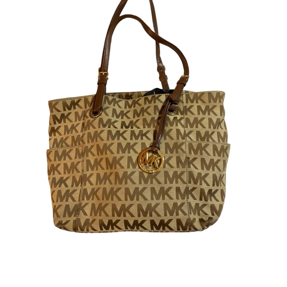 Michael Kors Tan Canvas multi pocket tote with leather trim